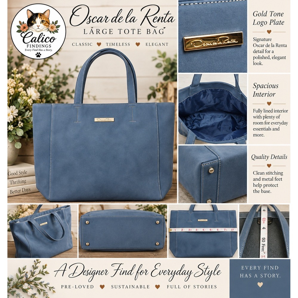 Oscar de la Renta Slate Blue Faux Suede Large Tote Bag Gold Logo Plate Accent